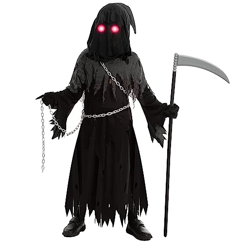 Spooktacular Creations Child Unisex Glowing Eyes Reaper Costume for Creepy