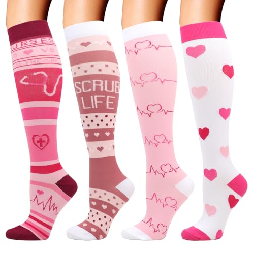 DRESHOW 4 Paires Chaussettes de Compression pour Femmes & Hommes