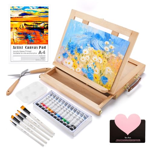 USHOP Chevalet Peinture Acrylique 24 Pièces,Fournitures Artistiques,Coffret Peinture,12 Peintures,5 Pinceaux,1