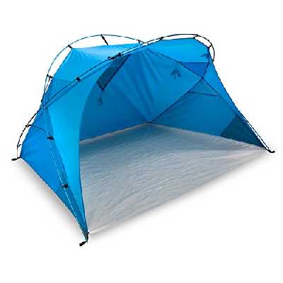outdoorer tente de plage XXL Santorin Alu Air Design, protection solaire UV 80, bleue, grande, avec fenêtre pour la ventilation, petit taille d’emballage pour les voyages, légère grâce aux poteaux en aluminium