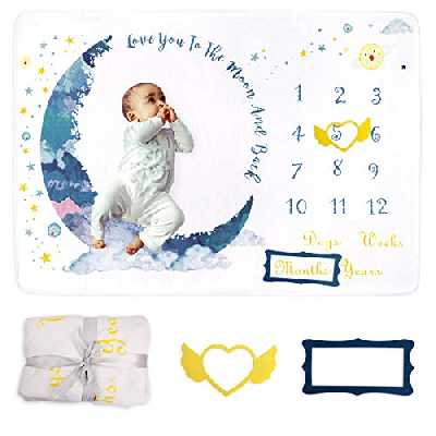 Xiangmall Couverture Milestone Bébé Douce Toison Couverture Mensuelle Accessoires Photographie avec Cadre pour Nouveau Né Garçon Fille Baby Shower Cadeau (Lune)